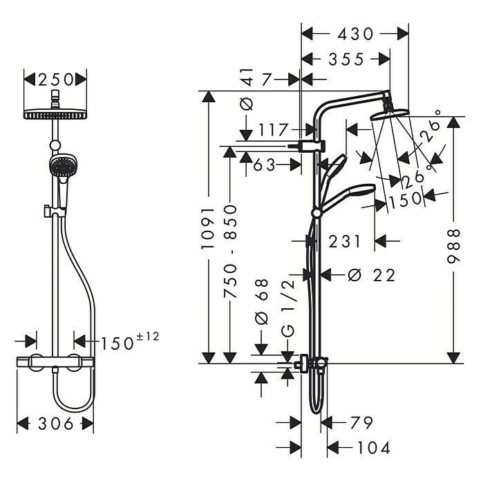 Hansgrohe Duschsystem My Select E Showerpipe 240Mit Thermostatarmatur, Lochabstand: 75 cm - 85 cm, Anzahl Strahlarten: 3 Stk., Chrom Unknown