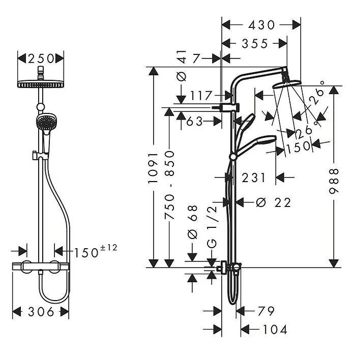 Hansgrohe Duschsystem My Select E Showerpipe 240 - Mit Thermostatarmatur, Lochabstand: 75 cm - 85 cm, Anzahl Strahlarten: 3 Stk., Chrom - Technische Zeichnung eines Duschsystems mit allen Maßen und Abmessungen für die Installation im Badezimmer.