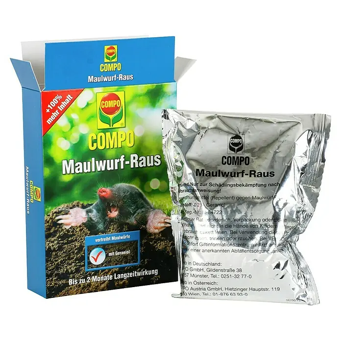 Compo Tiervertreiber Maulwurf-Raus - 200 g - COMPO Maulwurf-Raus: Ein effektives Mittel zur Maulwurfbekämpfung mit Langzeitwirkung und Geraniol.