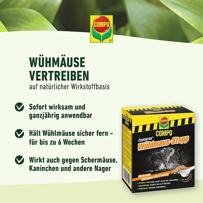 Compo Wühlmaus-Stopp Cumarax - 200 g - COMPO Wühlmaus-Stopp: Effektive Vertreibung von Wühlmäusen mit natürlichem Wirkstoff, ganzjährig anwendbar und wirkt bis zu 6 Wochen.