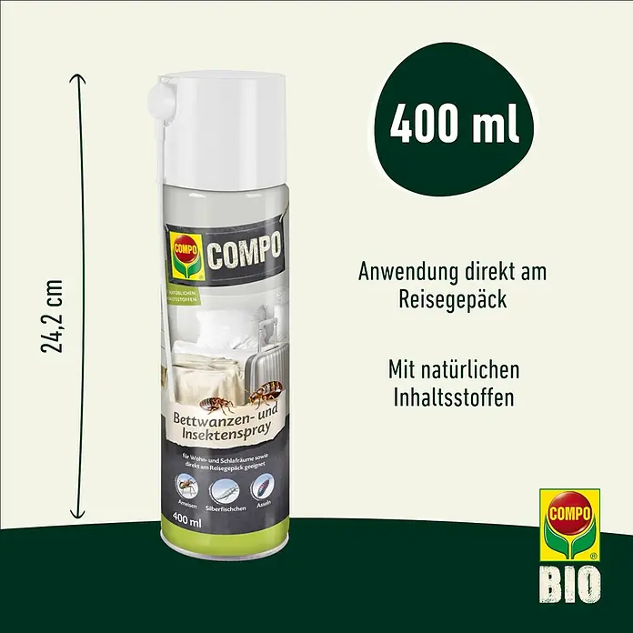 Compo Bettwanzenspray - 400 ml - COMPO Bettwanzenspray: Effektiver Schutz vor Bettwanzen und Insekten mit natürlichen Inhaltsstoffen. Ideal für Reisegepäck und Wohnräume.