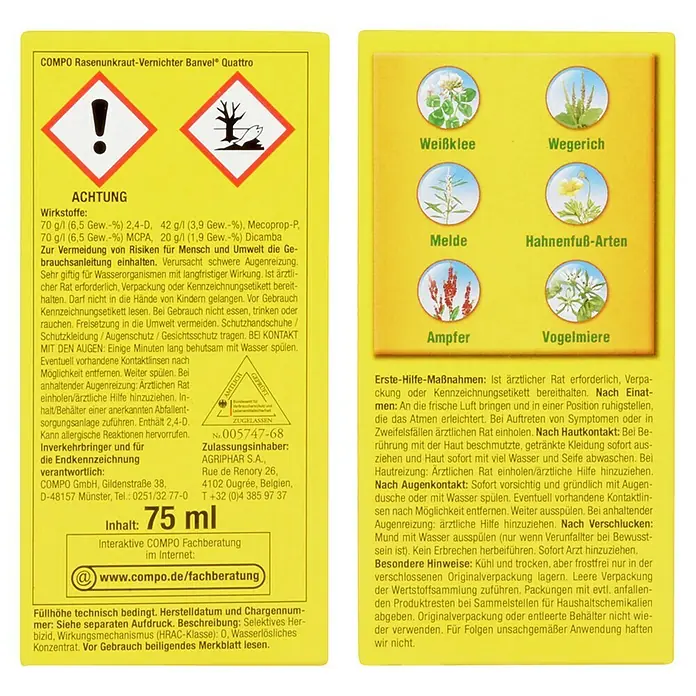 Compo Unkrautvernichter Banvel® Quattro - 75 ml - Abbildung der COMPO Rasenunkraut-Vernichter Banvel Quattro-Produktverpackung mit Sicherheitsinformationen und Pflanzenbildern.