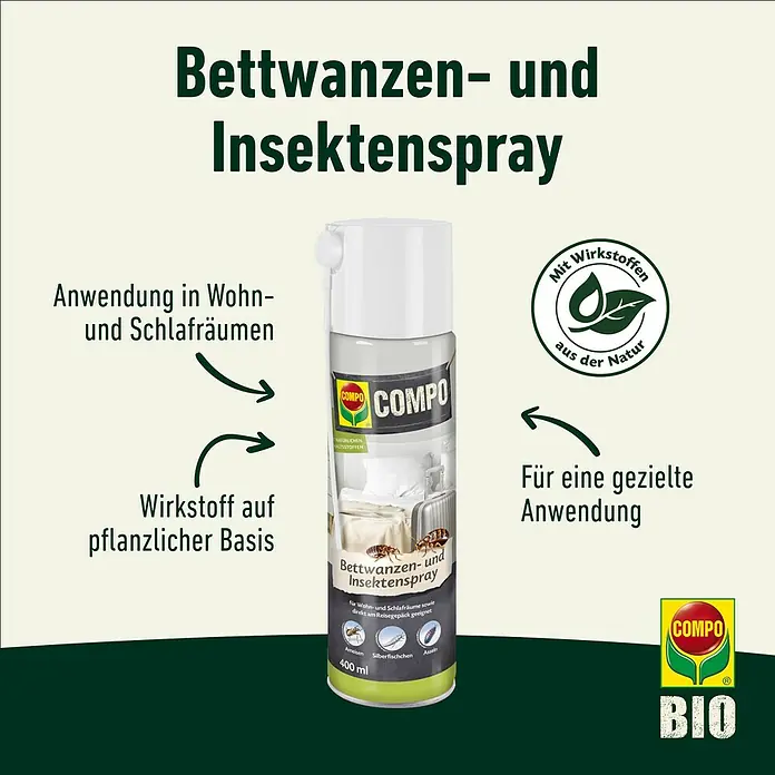 Compo Bettwanzenspray - 400 ml - Bettwanzen- und Insektenspray von COMPO: Wirksamer Schutz für Wohn- und Schlafräume, mit natürlichen Wirkstoffen für gezielte Anwendung.