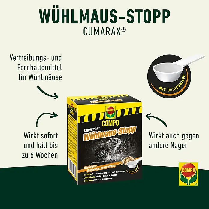 Compo Wühlmaus-Stopp Cumarax - 200 g - COMPO Cumarax Wühlmaus-Stopp, ein Mittel zur Vertreibung von Wühlmäusen und anderen Nagern, wirkt sofort und hält bis zu 6 Wochen.