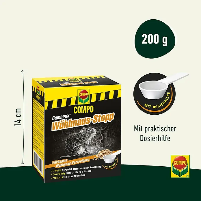 Compo Wühlmaus-Stopp Cumarax - 200 g - Bild einer Packung Compo Wühlmaus-Stopp, ein Mittel zur Vertreibung von Wühlmäusen, inklusive Dosierhilfe und Füllmenge.