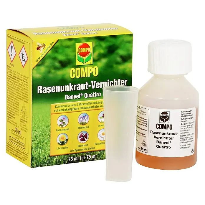 Compo Unkrautvernichter Banvel® Quattro - 75 ml - Rasenunkraut-Vernichter "Banvel Quattro" von COMPO, ein Produkt zur Bekämpfung von Rasenunkräutern, präsentiert in Verpackung und Flasche.