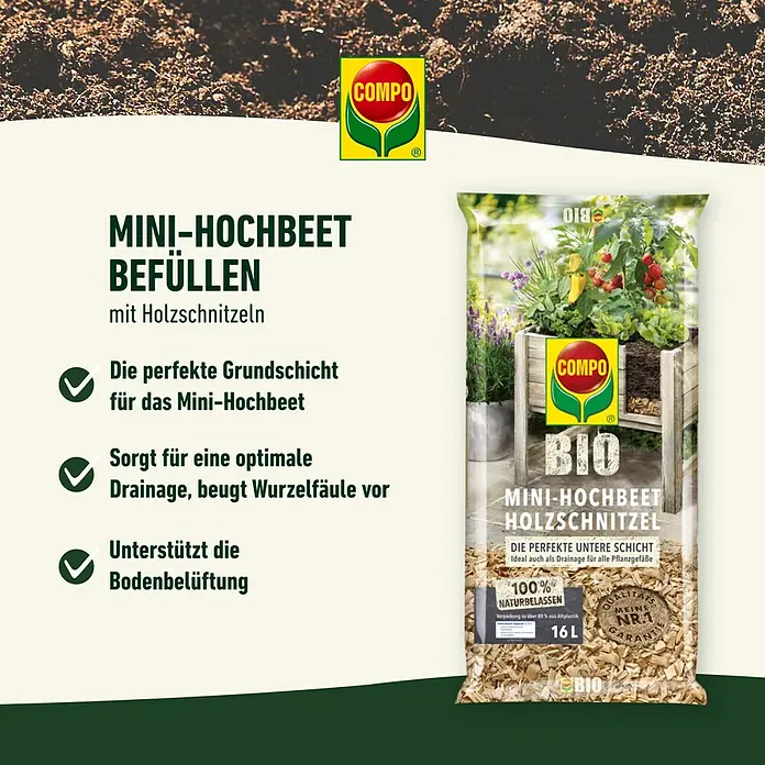 Compo Hochbeet-Grundfüllung Mini-Hochbeet Holzschnitzel - 16 l - COMPO BIO Mini-Hochbeet Holzschnitzel: Die perfekte Grundschicht für Mini-Hochbeete und zur Drainage für Pflanzgefäße.