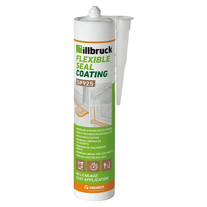 Illbruck Flüssigfolie Abdichtungsbeschichtung SP925 - 310 ml, Anthrazit - Produktabbildung einer Kartusche Illbruck SP925 Flexible Seal Coating, einer flexiblen Dichtungsbeschichtung.
