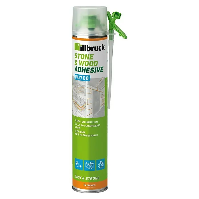 Illbruck Steinkleber PU700 - 750 ml, Kunststoff - Abbildung einer Dose illbruck STONE & WOOD ADHESIVE PU700, einem Bauklebstoff für Stein- und Holzarbeiten, der eine starke und dauerhafte Verbindung bietet.