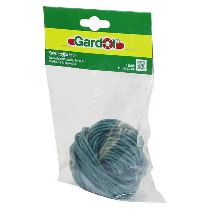 Gardol Gartenschnur - 23 m - Eine Packung Gardol Kunststoffschnur, ein grünes, umweltfreundliches Bindegarn für Pflanzen und Gartenarbeiten, verpackt in einer durchsichtigen Plastiktüte.