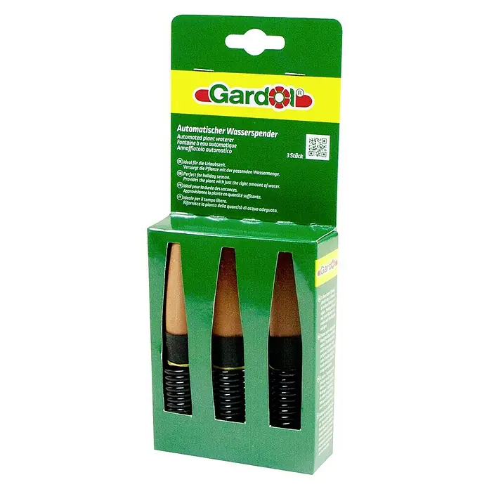 Gardol Wasserspender - 3 Stk. - Verpackung von Gardol Automatischen Wasserspendern, ideal für die Bewässerung von Pflanzen während der Urlaubszeit.