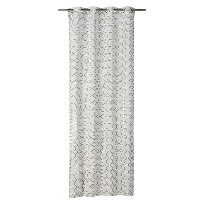 Rasch Home Ösenschal Alhambra - 140 x 255 cm, 100 % Polyester, Weiß/Grau - Elegante Gardine mit einem geometrischen Muster in Grau und Weiß, aufgehängt an einer silberfarbenen Stange. Ideal für modernes Ambiente.
