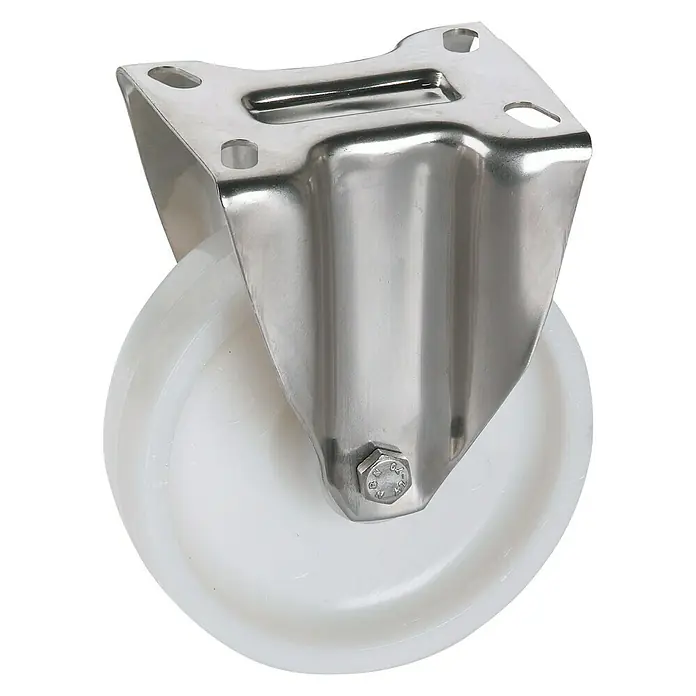 Dörner & Helmer Transportgeräte-Bockrolle - Durchmesser Rollen: 80 mm, Traglast: 150 kg, Gleitlager, Höhe: 107 mm, Material Gehäuse: Edelstahl - Weißes Lenkrolle mit Edelstahlgehäuse für reibungslose Bewegung und hohe Belastbarkeit.