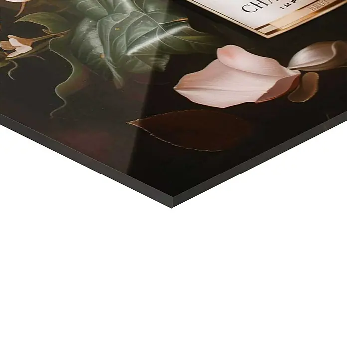 Reinders Glasbild Champagne Flowers - Champagne Flowers, B x H: 78 x 116 cm - Detailaufnahme eines Kunstdrucks auf Acrylglas mit Blumenmotiv und Champagnerflasche, perfekt für elegante Wohnräume.