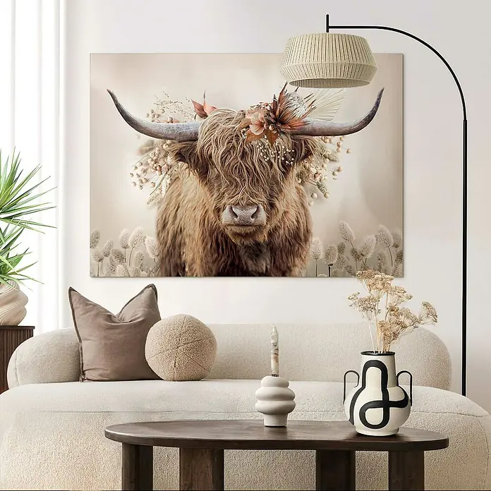 Reinders Glasbild Floral Highlander - Floral Highlander, B x H: 100 x 140 cm - Ein Wohnzimmer mit einem auffälligen Wandbild eines Hochlandrindes mit Blumenkrone über einem stilvollen Sofa.