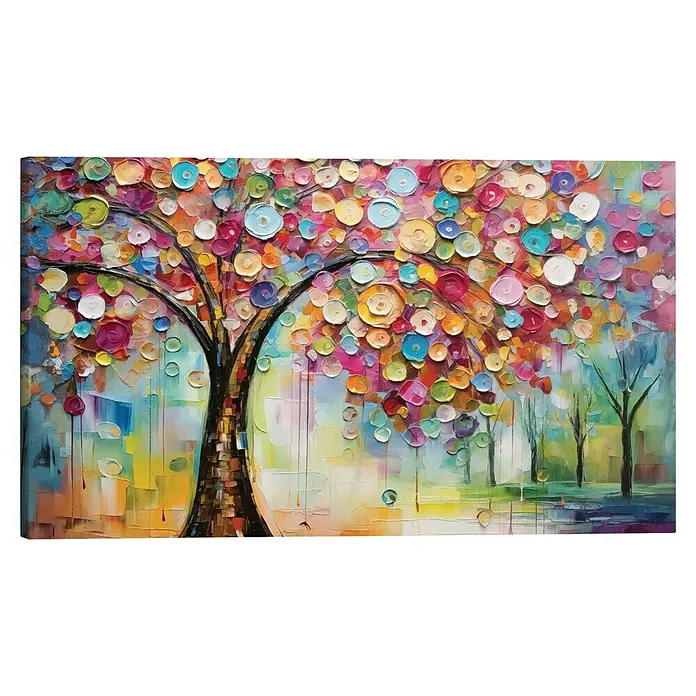Reinders Glasbild Deco Block - Life Tree Colourful, B x H: 70 x 118 cm - Farbenfrohes Gemälde eines Baumes voller bunter Blüten, eine lebendige und ausdrucksstarke Wanddekoration.
