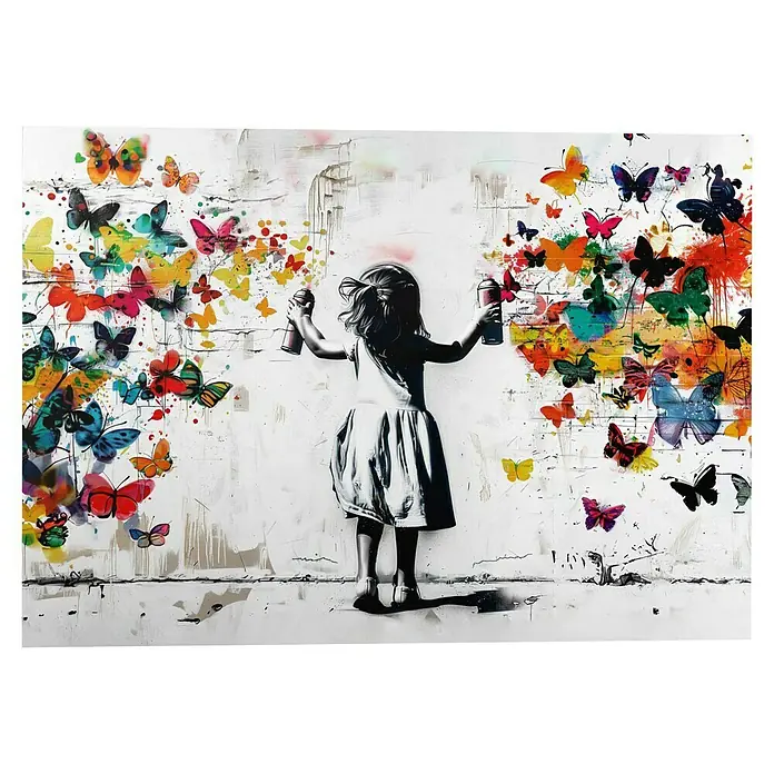 Reinders Glasbild Girl Spraying - Girl Spraying, B x H: 100 x 140 cm - Ein Mädchen sprüht mit Spraydosen bunte Schmetterlinge an eine weiße Wand, ein dynamisches und farbenfrohes Streetart-Kunstwerk.