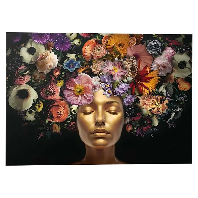 Reinders Glasbild Serene Golden - Serene Golden, B x H: 100 x 140 cm - Goldene Frauenskulptur mit Blumenkrone als Haar, die eine elegante und friedliche Ausstrahlung verleiht.