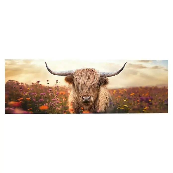 Reinders Glasbild Spring Highlander - Spring Highlander, B x H: 52 x 156 cm - Ein Highland-Rind mit langen Hörnern steht auf einer bunten Blumenwiese. Das Fell des Rindes ist lang und zottelig.