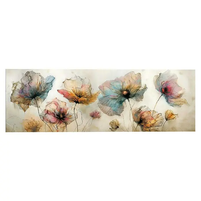 Reinders Glasbild Aquarel Flowers - Aquarel Flowers, B x H: 52 x 156 cm - Aquarellmalerei von transparenten Blüten in verschiedenen Farben auf beigem Grund, die einen Hauch von Eleganz und Frische vermitteln.