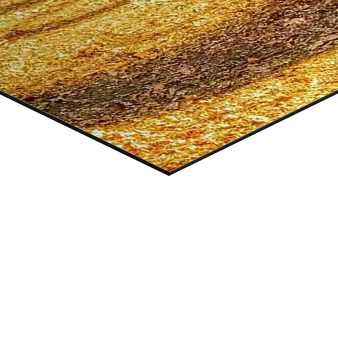 Reinders Glasbild Spring Woods - Spring Woods, B x H: 100 x 140 cm - Nahaufnahme eines goldenen Musters mit einem geometrischen schwarzen Rahmen, der Textur und Design hervorhebt.