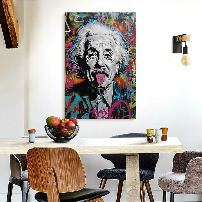 Reinders Glasbild Einstein Tongue - Einstein Tongue, B x H: 60 x 90 cm - Wandbild mit Albert Einstein, der die Zunge herausstreckt, über einem Esstisch.