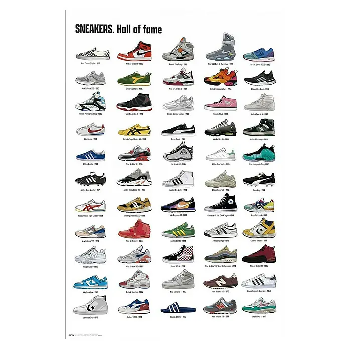 Reinders Glasbild Sneakers Hall of Fame - Sneakers Hall of Fame, B x H: 60 x 90 cm - Sneaker Hall of Fame: Eine Hommage an legendäre Sneaker-Designs, von Klassikern bis zu innovativen Modellen, die die Sneaker-Kultur prägten.