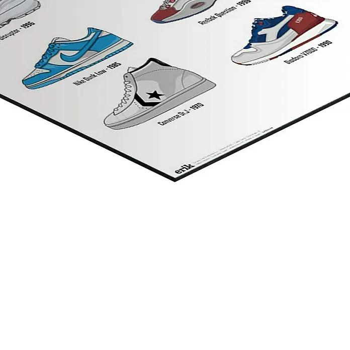Reinders Glasbild Sneakers Hall of Fame - Sneakers Hall of Fame, B x H: 60 x 90 cm - Bild mit Illustrationen verschiedener Sneaker-Modelle, darunter der Nike Dunk Low von 1985 und der Converse Dr.J von 1970.