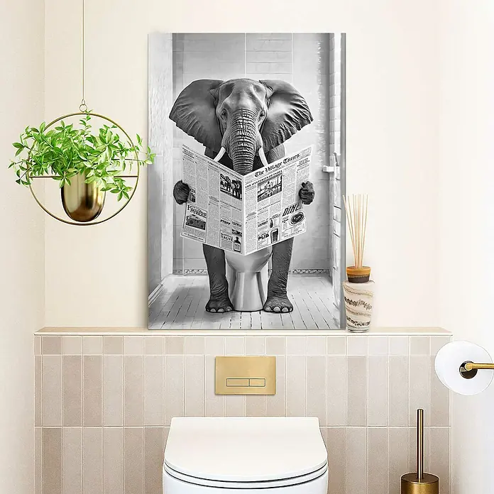Reinders Glasbild Elephant Toilet - Elephant Toilet, B x H: 60 x 90 cm - Das lustige Elefanten-Leinwandbild "Lesender Elefant auf der Toilette" verleiht jedem Badezimmer einen humorvollen Touch und ist ein witziger Blickfang.