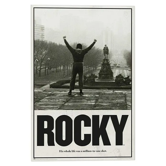 Reinders Glasbild Rocky Balboa - Rocky Balboa, B x H: 60 x 90 cm - Filmposter mit Rocky Balboa, der die Treppe zum Philadelphia Museum of Art erklimmt. Der Titel „Rocky“ steht groß darunter.