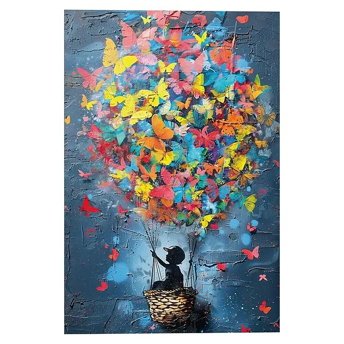 Reinders Glasbild Colourful Up - Colourful Up, B x H: 60 x 90 cm - Silhouette eines Kindes im Korb unter bunten Schmetterlingen, die wie ein Ballon wirken, auf strukturiertem, dunklem Hintergrund.