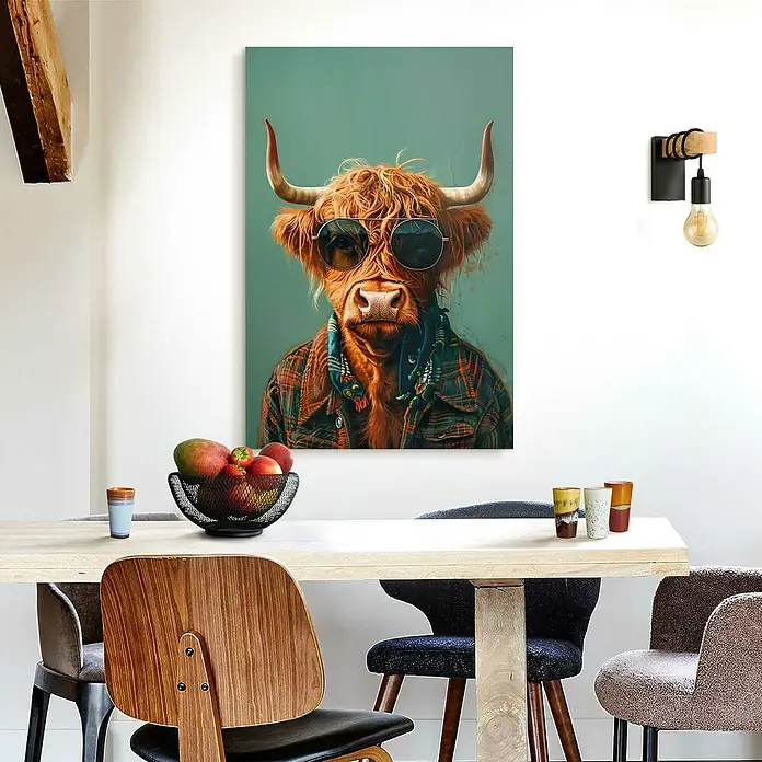 Reinders Glasbild Cool Cow - Cool Cow, B x H: 60 x 90 cm - Einzigartiges Wandbild mit einem coolen Hochlandrind mit Sonnenbrille, das jedem Raum einen Hauch von Humor verleiht.