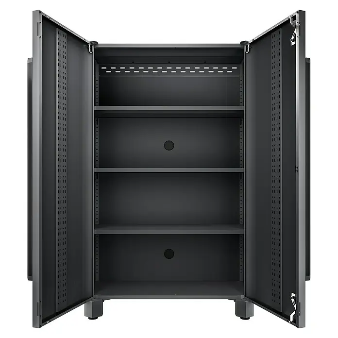 ToughBuilt Armario multiusos metálico - An x Al: 122 x 198 cm, Número de puertas: 2 ud. - Imagen de un armario de almacenamiento gris con puertas abiertas y cuatro estantes en el interior.