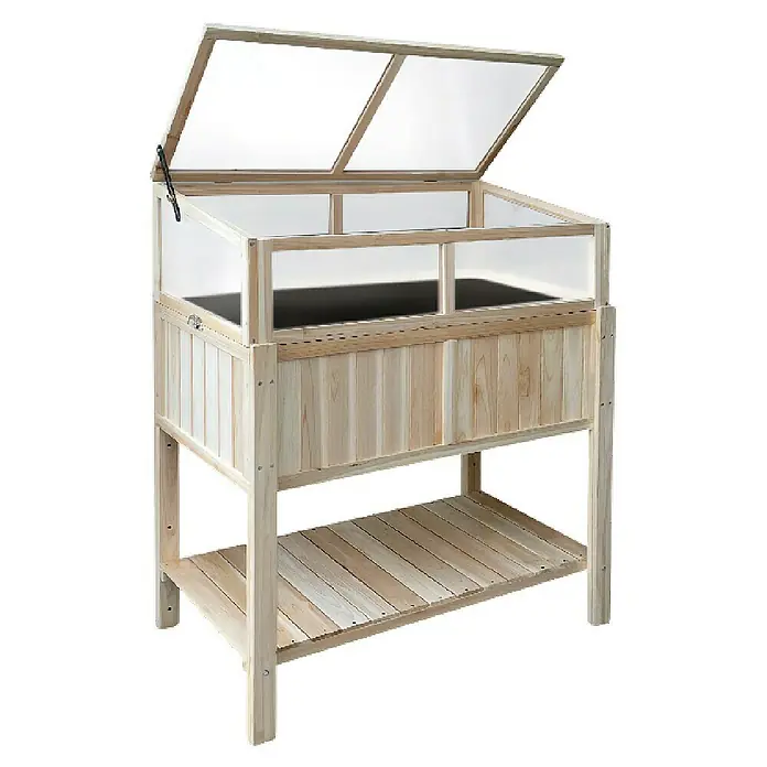 Hochbeet mit Frühbeetaufsatz - 95 x 50 x 117 cm, Holz, Natur - Bild eines hölzernen Pflanzkastens mit transparentem Deckel und Ablagefläche, ideal für den Garten oder Balkon.