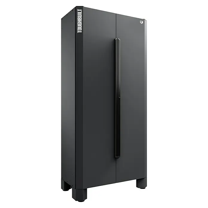 ToughBuilt Armario multiusos metálico - An x Al: 92 x 198 cm, Número de puertas: 2 ud. - Armario negro ToughBuilt con asa vertical y logotipo minimalista, ideal para taller o garaje.\n