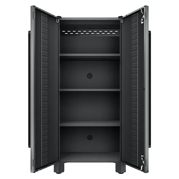 ToughBuilt Armario multiusos metálico - An x Al: 92 x 198 cm, Número de puertas: 2 ud. - Imagen de un moderno armario de herramientas gris abierto con tres estantes y puertas perforadas para guardar herramientas.