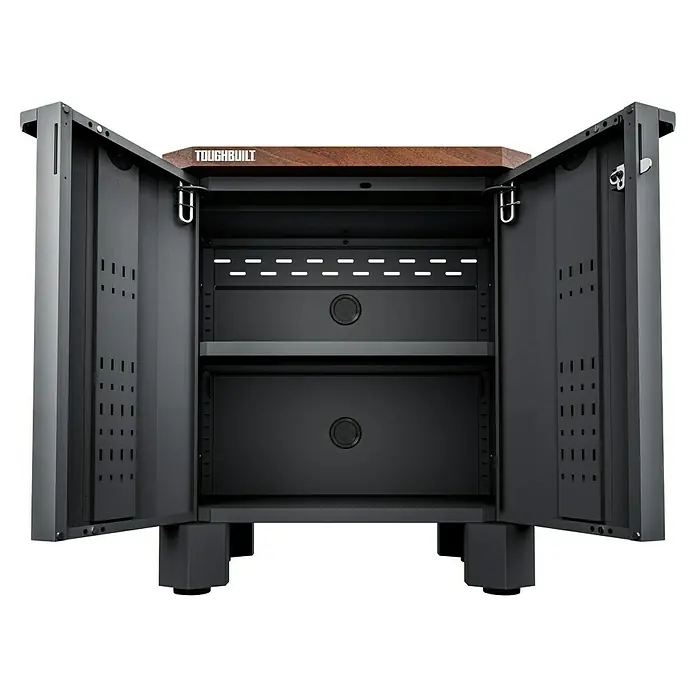 ToughBuilt Armario multiusos metálico - L x An x Al: 47 x 71 x 84 cm, Número de puertas: 2 ud. - Armario de herramientas Toughbuilt abierto con dos estantes y tapa de madera, ideal para el taller.
