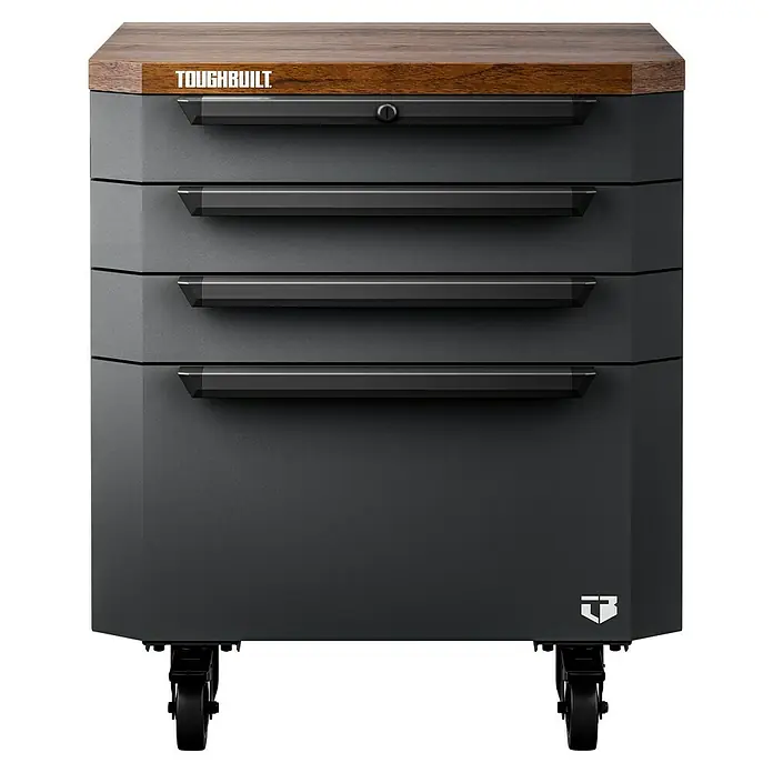 ToughBuilt Cajonera con ruedas - L x An x Al: 47 x 71 x 84 cm, Capacidad de carga: 181 kg, Número de cajones: 4 ud. - Armario de herramientas Toughbuilt con cuatro cajones y una tapa de madera, ideal para el taller o garaje.