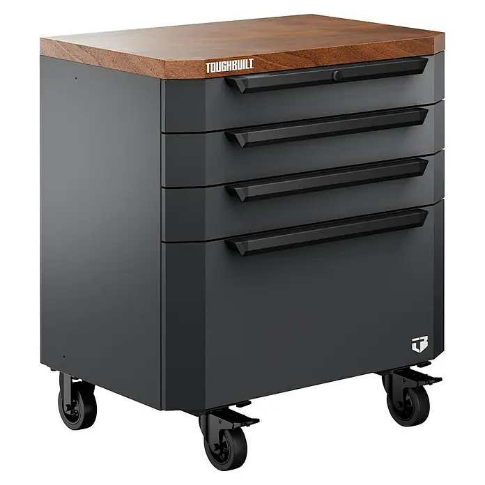 ToughBuilt Cajonera con ruedas - L x An x Al: 47 x 71 x 84 cm, Capacidad de carga: 181 kg, Número de cajones: 4 ud. - El robusto armario de herramientas ToughBuilt con encimera de madera y cuatro cajones ofrece mucho espacio.