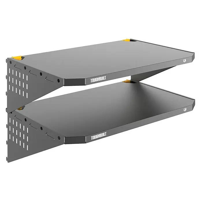 ToughBuilt Listón de estantería - Ancho: 68 cm, Capacidad de carga: 34 kg, Negro - Dos estantes grises de Toughbuilt apilados uno encima del otro. Estos estantes ofrecen una solución de almacenamiento robusta.