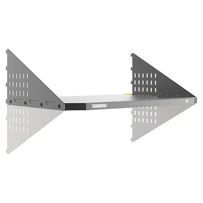 ToughBuilt Listón de estantería - Ancho: 68 cm, Capacidad de carga: 34 kg, Negro - En la imagen se muestra una estantería Toughbuilt con construcciones triangulares robustas en los lados. La estantería es gris y tiene estética industrial.