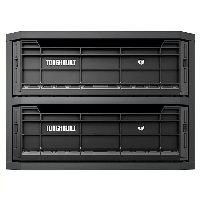 ToughBuilt Armario colgante - L x An x Al: 41 x 71 x 84 cm, Número de cajones: 2 ud., Capacidad de carga: 45 kg - Dos cajas de herramientas ToughBuilt apiladas que muestran una construcción robusta y soluciones de almacenamiento prácticas para profesionales y aficionados al bricolaje.