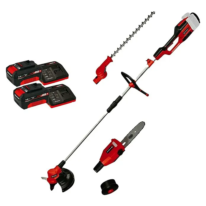 Einhell PXC 18V Multiherramienta de jardín 36VGE-LM 36/4in1 + Batería y cargador PXC-Starter kit - 36 V, Iones de litio, 4 Ah, 2 baterías - Imagen de una herramienta multifunción inalámbrica Einhell con varios accesorios y baterías.