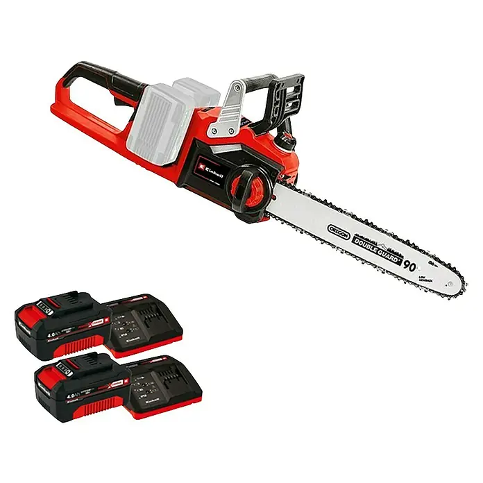 Einhell PXC 18V Motosierra de batería GE-LC 36/35 + Batería y cargador PXC-Starter kit - 36 V, 4 Ah, 2 baterías, Longitud de la cuchilla: 35 cm - Imagen de una motosierra inalámbrica roja Einhell con dos baterías y cargadores. Ideal para trabajos de jardinería y poda de árboles.