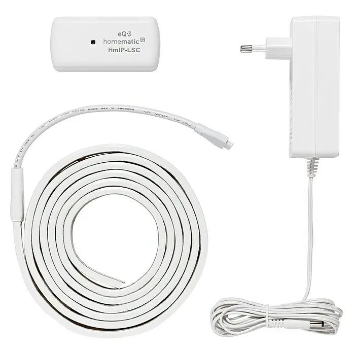 Homematic IP LED-Stripes Set - Länge: 2 m, RGBW, 24 W - Produktaufnahme des Homematic IP LED Stripes mit zugehöriger Steuereinheit, Netzteil und Verbindungskabel für ein smartes Beleuchtungserlebnis.