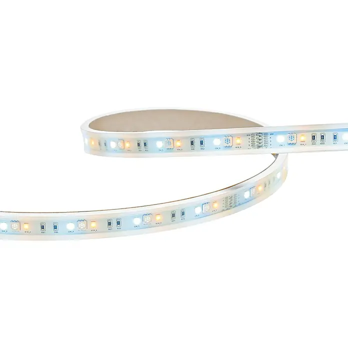 Homematic IP LED-Stripes Set - Länge: 2 m, RGBW, 24 W - Nahaufnahme eines flexiblen LED-Streifens mit warmweißen und kaltweißen LEDs auf einem neutralen Hintergrund, ideal für stimmungsvolle Beleuchtung.