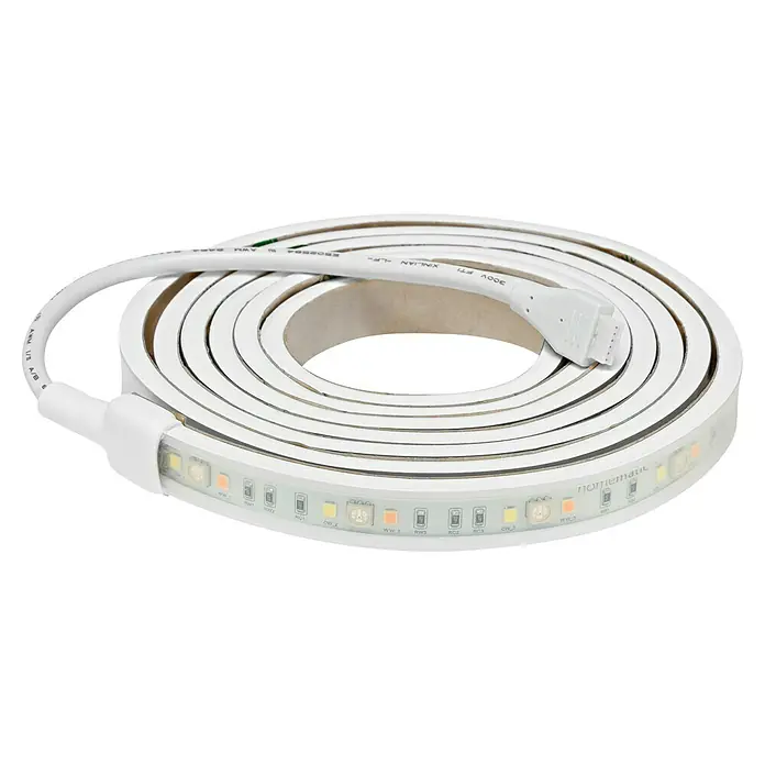 Homematic IP LED-Stripes Set - Länge: 2 m, RGBW, 24 W - Nahaufnahme eines aufgerollten LED-Streifens mit weißem Kabel und Anschluss. Ideal für stimmungsvolle Beleuchtung im Haus.