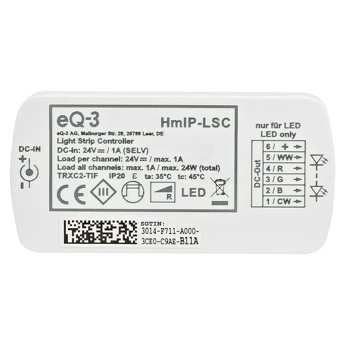 Homematic IP LED-Stripes Set - Länge: 2 m, RGBW, 24 W - Abbildung eines eQ-3 HmIP-LSC LED-Lichtbandcontrollers mit technischen Daten, Anschlüssen und Sicherheitszertifizierungen.