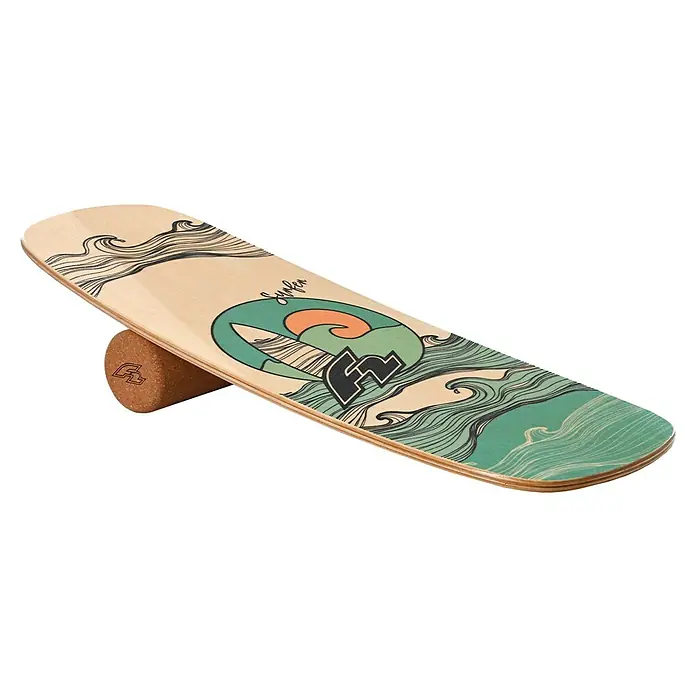 F2 Balance Board Pill Balance Training - L x B: 86 x 30 cm, Tragkraft: 120 kg - Balance Board mit Korkrolle. Das Balance Board hat ein Surfer-Design mit Wellen und einem Logo. Für Gleichgewichtstraining und Core-Stabilität.