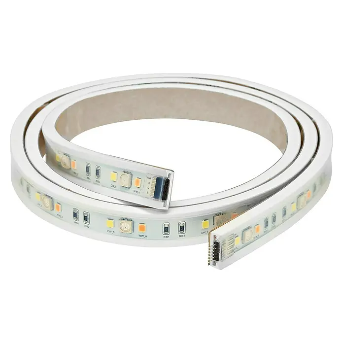 Homematic IP LED-Stripes Verlängerung - Länge: 1 m, RGBW, 24 W - LED-Streifen für eine flexible Beleuchtung. Die LED Leiste ist aufgerollt und zeigt die verschiedenen Farboptionen und Anschlüsse.